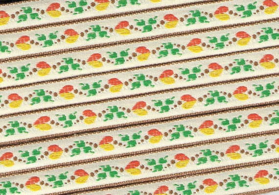 HEARTS/FLOWERS B-12-i Jacquard Ribbon Cotton Trim 1/2" wide (13mm) Ivory w/Yellow & Orange Hearts, Brown Accents, Green Leaves