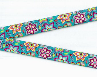 FLORAL E-36-A Jacquard Ribbon Poly Trim 7/8 "breit (22 mm) Teal mit mehrfarbigen hawaiianischen Blumen