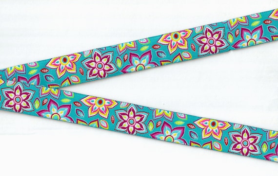 FLORAL E-36-A Jacquard Ribbon Poly Trim 7/8" wide (22mm) Teal Background w/Large Multi-Colored Flowers, Hawaiian, Tropical