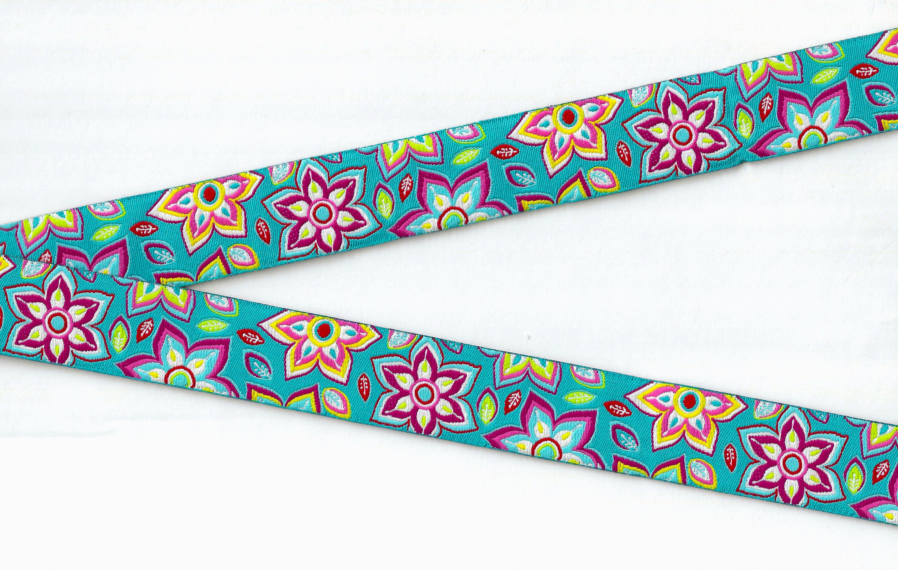 FLORAL E-36-A Jacquard Ribbon Poly Trim 7/8 wide (22mm) Teal Background  w/Large Multi-Colored Flowers, Hawaiian, Tropical, Per Yard