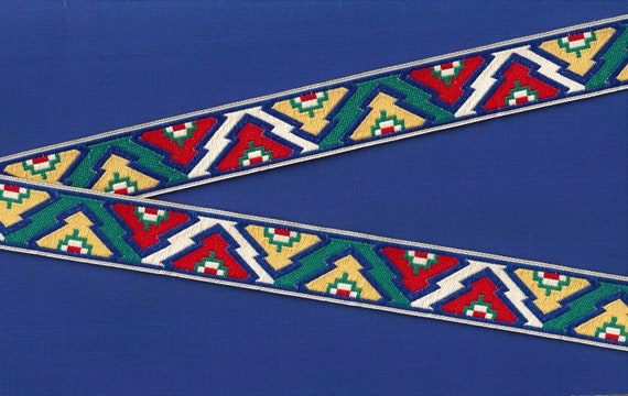 NATIVE AMERICAN F-26-A Jacquard Ribbon Poly Trim, 1" Wide (25mm) Red, Blue, Green, Yellow & White ZigZag Southwest Design, Per Yard