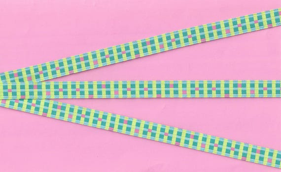 CHECKS B-01-A Jacquard Ribbon Poly Trim 1/2" wide (13mm) Lime, Pink & Green