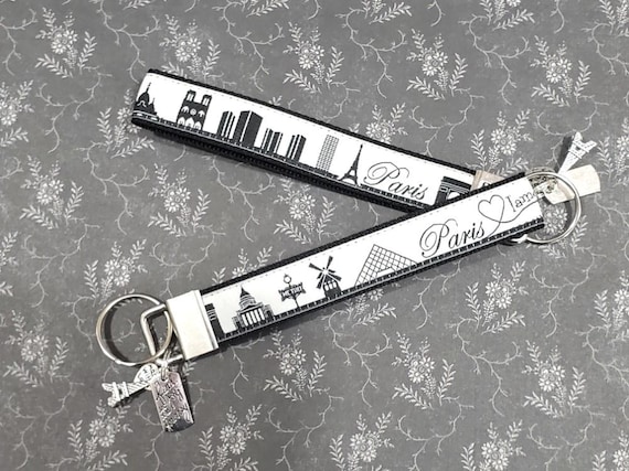 Jacquard Ribbon/Nylon Web 3/4" wide (20mm) Key Fobs, Black & White PARIS Skyline w/Charms, Keychain, Wristlet, Luggage Tags 5.5" long