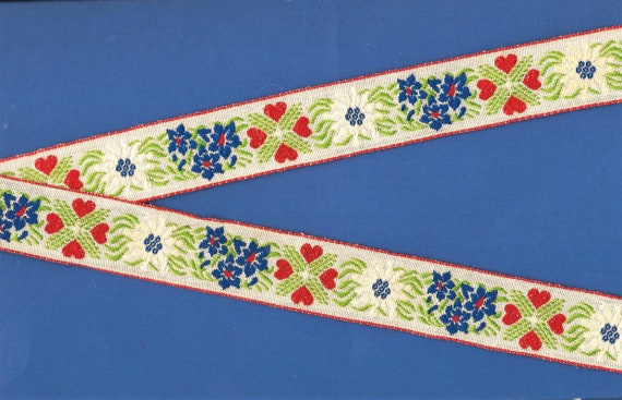 HEARTS/FLOWERS F-16-C Jacquard Ribbon Cotton/Poly Trim 1" wide (25mm) Ivory, Red Hearts, Blue & Off-White Edelweiss, Green Leaves