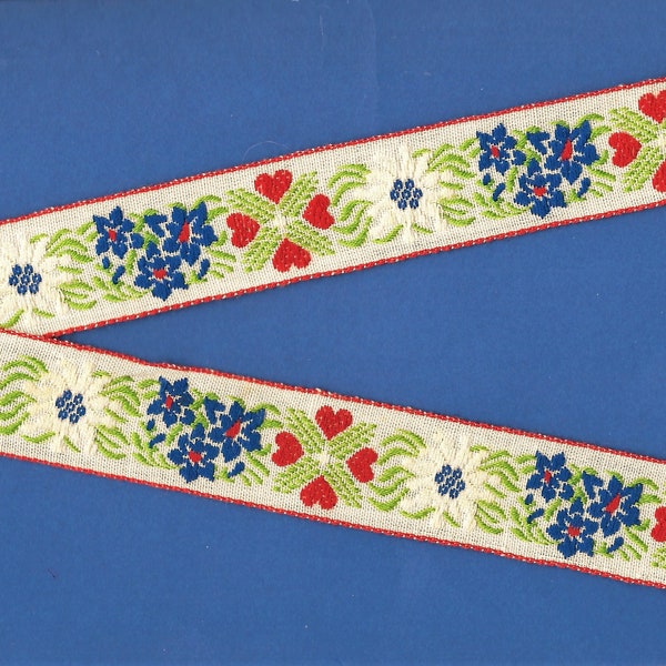 HEARTS/FLOWERS F-16-C Jacquard Ribbon Cotton/Poly Trim 1" Wide (25mm) Ivory, Red Hearts, Blue & Off-White Edelweiss, Green Leaves