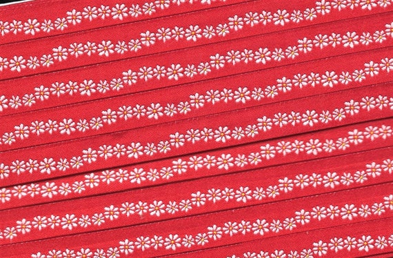 FLORAL A-10-A Jacquard Ribbon Polyester Trim 7/16" wide (12mm) Red Background w/Petite White Daisies, Yellow Accents