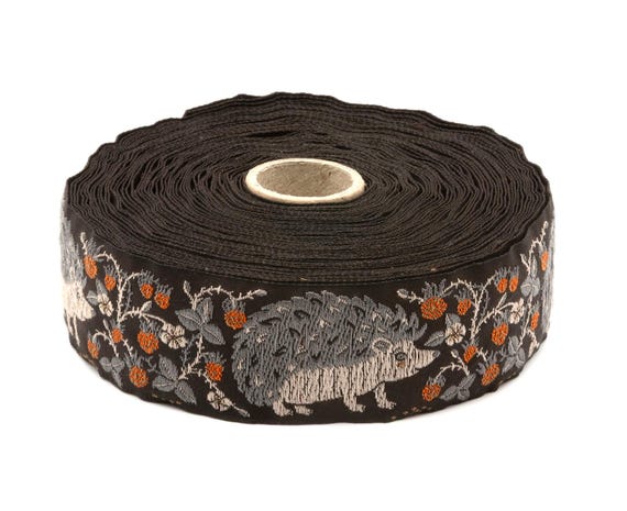 KAFKA G-33/02 Jacquard Ribbon Woven Organic Cotton Trim 1-1/4" wide (32mm) Brown Background w/Gray & Beige Hedgehogs