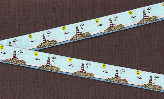 NOVELTY/Beach E-01-A Jacquard Ribbon Polyester Trim 7/8" wide (22mm) Ocean Background with Lighthouses, Nautical, Sailing