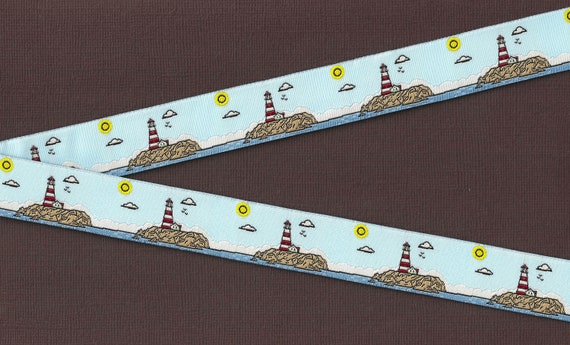 NOVELTY/Beach E-01-A Jacquard Ribbon Polyester Trim 7/8" wide (22mm) Lighthouses, Nautical, Sailing, Per Yard