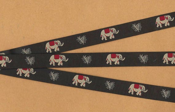 ANIMALS/Wildlife C-01-A Jacquard Ribbon Poly Trim 5/8" wide (16mm) Brown w/Tan Elephants Burgundy Blanket Tan Palm Leaves