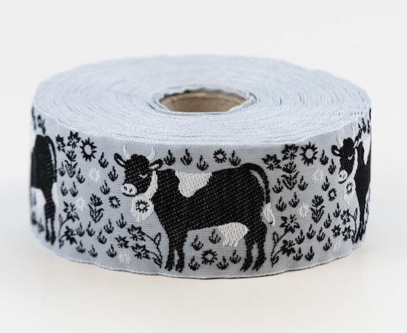 KAFKA G-17/08 Jacquard Ribbon Organic Cotton Trim 1-1/4" wide (32mm) Lt Gray w/Black & White Cows, White Horns, Black/White Flowers