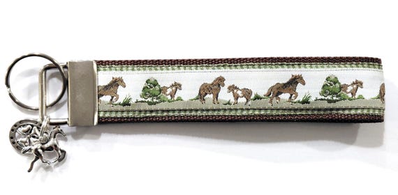 HORSES Jacquard Ribbon/Nylon Web 1" wide (25mm) 5.5" long Key Fob w/Charms