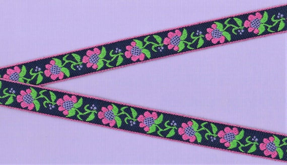 FLORAL D-05-A Jacquard Ribbon Trim, Cotton/Poly, 3/4" Wide (20mm) Lilac/Pink Sunflowers Blue Centers & Green Leaves on Navy