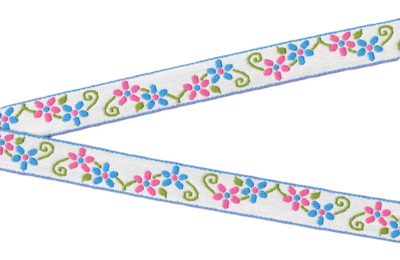 FLORAL D-21-A Jacquard Ribbon Woven Cotton Trim 13/16" wide (21mm) White w/Pink & Blue Flowers