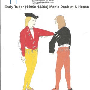 May include: A sewing pattern envelope titled Deconstructing History 610 Early Tudor (1490s-1520s) Doublet & Hosen. The illustration shows two figures wearing historical garments: one in a red doublet with yellow hose, and one in a black doublet with red hose.