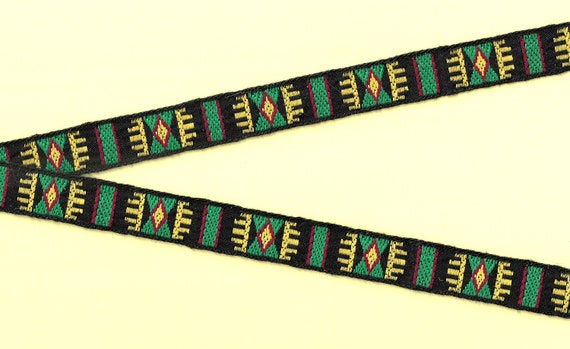 NATIVE AMERICAN D-27-A Jacquard Ribbon Poly/Cotton Trim 3/4" Wide (20mm) VINTAGE Black w/Green, Yellow & Red Accents Tribal Aztec