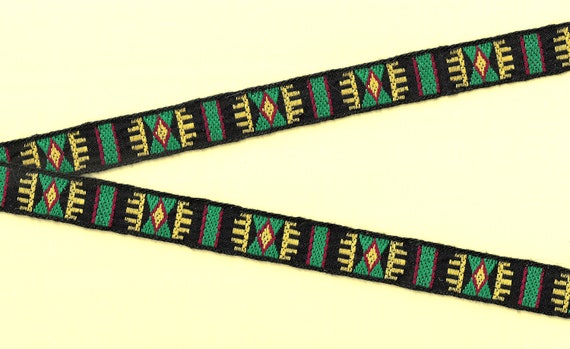 NATIVE AMERICAN D-27-A Jacquard Ribbon Poly/Cotton Trim 3/4" Wide (20mm) VINTAGE Black w/Green, Yellow & Red Accents Tribal Aztec, Per Yard