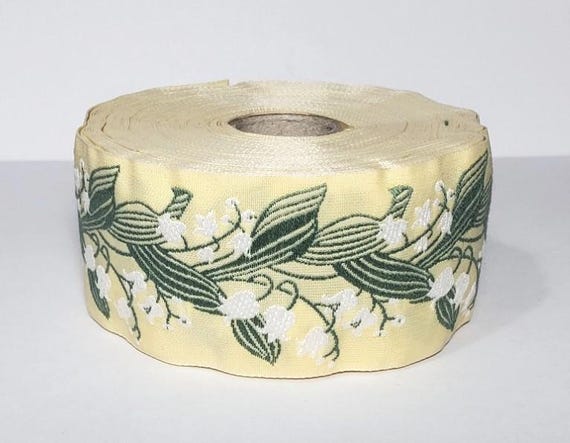 KAFKA H-02/02 Jacquard Ribbon Woven Organic Cotton Trim 1-1/2" wide (38mm) Yellow Background w/White Lilies of the Valley, Green Leaves