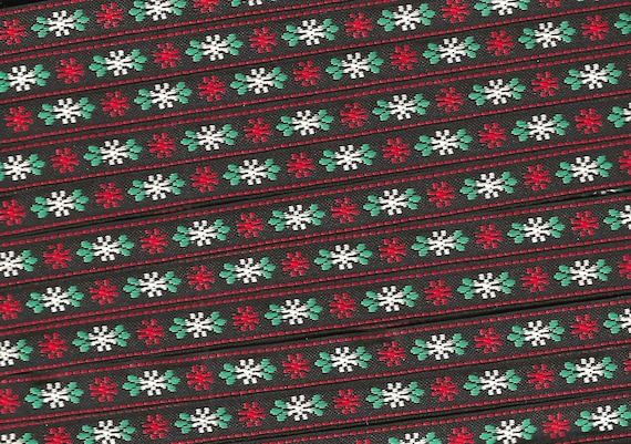 FLORAL A-34-F Jacquard Ribbon Woven Polyester Trim ***7/16" wide, Black Background w/Red & White Flowers, Green Accents