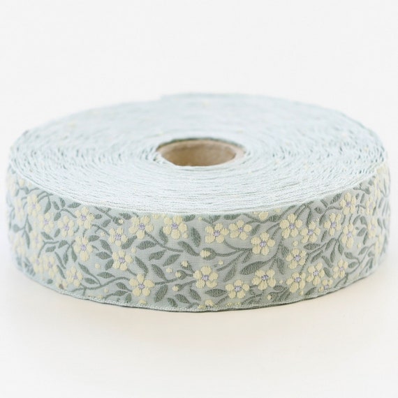 KAFKA F-01/11 Jacquard Ribbon Woven Organic Cotton Trim 1" wide (25mm) Mint Green w/Yellow & Lilac Forget-Me-Nots, Green Leaves