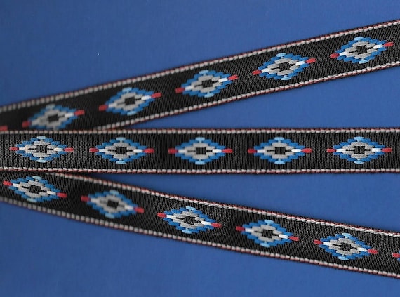 NATIVE AMERICAN D-25-B Jacquard Ribbon Poly/Cotton Trim 3/4" wide (20mm) Black, Blue, Grey, Red, Turquoise & White Tribal Native Design