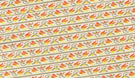 FLORAL B-10-C Jacquard Ribbon Rayon/Poly Trim 1/2" Wide (13mm) Ivory Background Variegated Yellow/Orange Tulips Tan Leaves