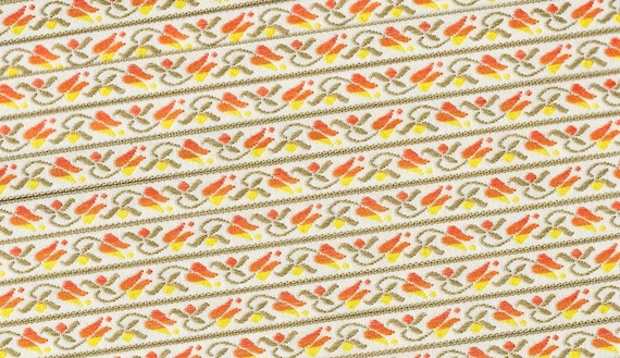 FLORAL B-10-C Jacquard Ribbon Rayon/Poly Trim 1/2" Wide (13mm) Ivory Background Variegated Yellow/Orange Tulips Tan Leaves