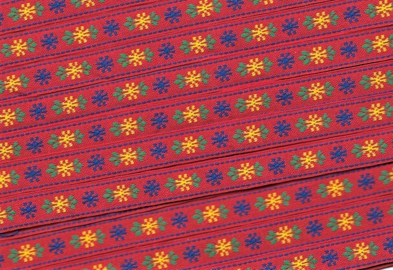 FLORAL A-34-A Jacquard Ribbon Polyester Trim 3/8" wide (9mm) Red Background w/Blue & Yellow Flowers, Green Accents