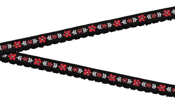 FLORAL C-59-A Jacquard Ribbon Cotton Trim 5/8" wide (16mm) Black w/Scalloped Edge, Red Flowers, White Accents