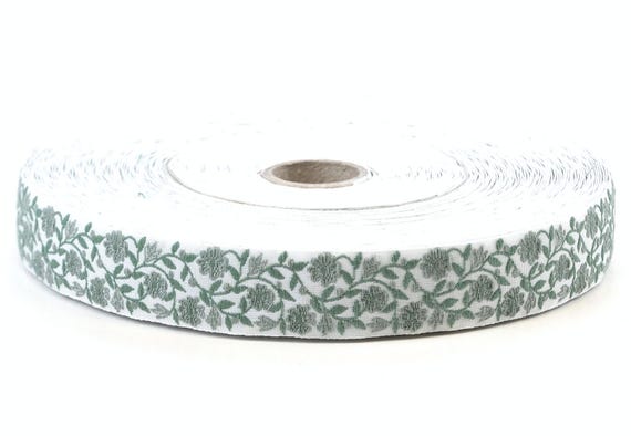 KAFKA D-03/06 Jacquard Ribbon Woven Organic Cotton Trim 3/4" wide (20mm) White w/Sage Green Flowers, Spring Green Stems & Leaves