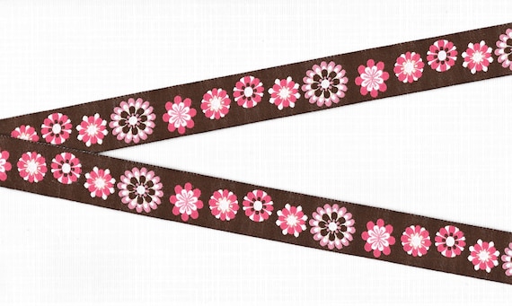 FLORAL E-01-D Jacquard Ribbon Polyester Trim 7/8" wide (22mm) Brown Background w/Pink/Hot Pink/White/Brown MOD Retro Flowers, Per Yard