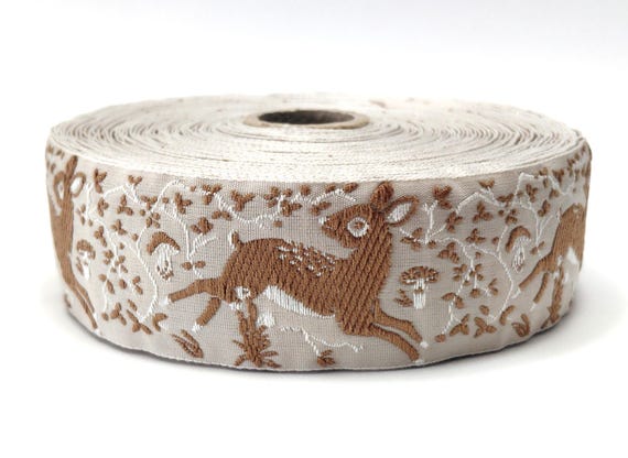 KAFKA G-35/01 Jacquard Ribbon Organic Cotton Trim 1-1/4" wide (32mm) Beige w/Brown Fawns