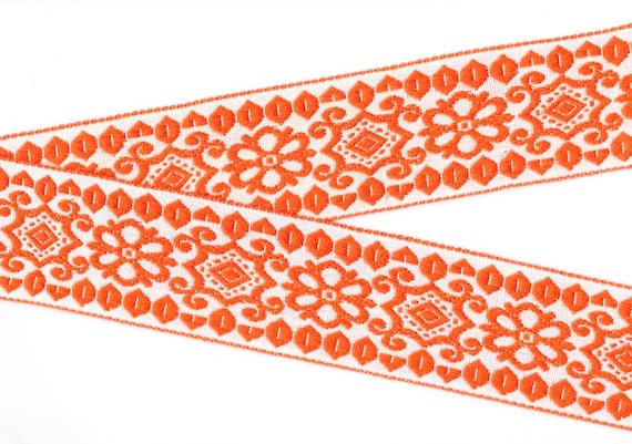 FLORAL J-03 Jacquard Ribbon Cotton Trim 1-3/4" wide (44mm) VINTAGE White Background w/Bright Orange Floral Scroll Design, Per Yard