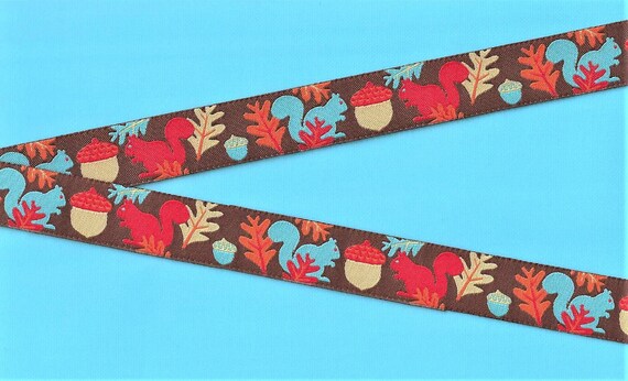 ANIMALS/Wildlife E-03-A Jacquard Ribbon Poly Trim 7/8" wide (22mm) Jessica Jones, Brown, Turquoise & Red Squirrels