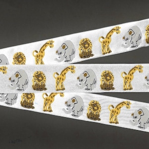 Nastro Jacquard in poliestere F-04-A per BAMBINI, 1" di larghezza (25 mm), sfondo bianco satinato con leoni, giraffe ed elefanti