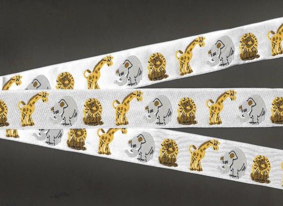 CHILDREN's F-04-A Jacquard Ribbon Poly Trim, 1" Wide (25mm) White Satin Background w/Lions, Giraffes & Elephants