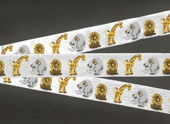 CHILDREN's F-04-A Jacquard Ribbon Poly Trim, 1" Wide (25mm) White Satin Background w/Lions, Giraffes & Elephants