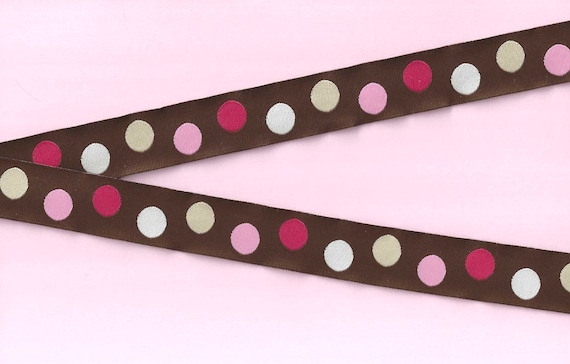 POLKA DOTS E-22-A Jacquard Ribbon Polyester Trim 7/8" wide (22mm) Brown Background w/White, Ivory, Pale Pink & Dark Pink Dots