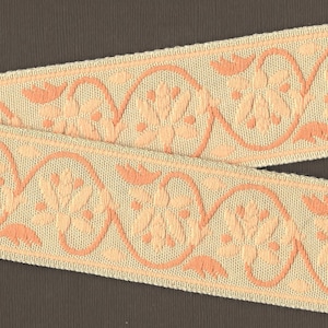 Nastro jacquard floreale K-08-C in cotone francese, larghezza 2" (50 mm), verde chiaro VINTAGE con fiori di pesca e viticci/foglie di pesca scura, tagliato su misura