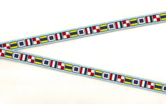 SPORTS/Nautical B-05-A Jacquard Ribbon Poly Trim 1/2" wide (13mm) Lt Blue w/Sailing Pennants