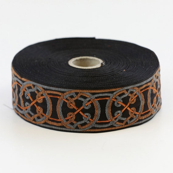 KAFKA G-11/18 Jacquard Ribbon Organic Cotton Woven Trim 1-1/4" wide (32mm) Black w/Gray, Copper & Taupe Celtic Circles