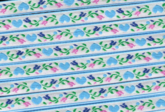 HEARTS/FLOWERS B-25-A Jacquard Ribbon Woven Poly Trim 1/2" Wide (13mm) Turquoise Hearts Pink/Navy Flowers Green Leaves on White