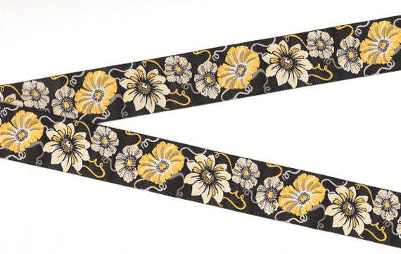 FLORAL Jacquard Ribbon Poly Trim 1-1/8" wide (32mm) "Morning Glories" Black, Gray, White & Yellow