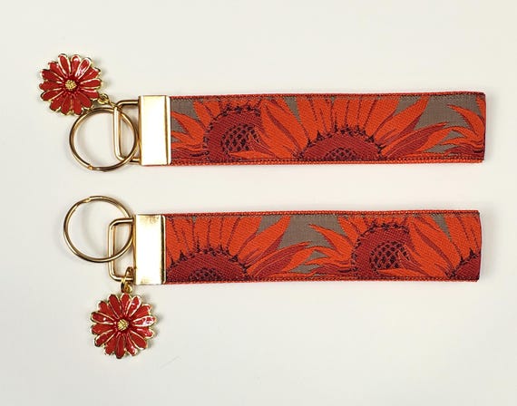 FLORAL Jacquard Ribbon/Nylon Web 1" wide (25mm) Key Fobs, Beige w/Red Sunflowers & Charms, Keychain, Key Wristlet, Luggage Tags, 5.5" long