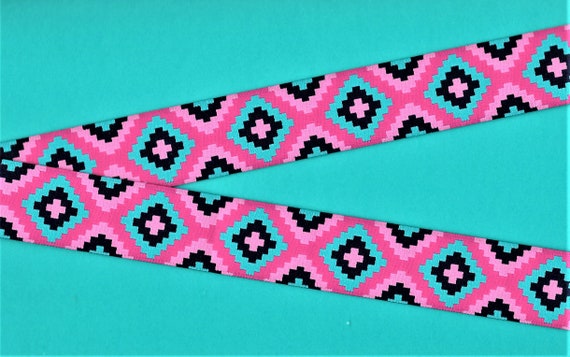 GEOMETRIC G-25-A Jacquard Ribbon Poly Trim 1-1/8" wide (28mm) Douglas Paquette "Patchwork" Hot Pink/Pink/Teal & Black Design