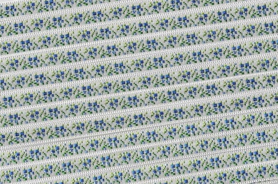 FLORAL A-05-F Jacquard Ribbon Rayon Trim 5/16" wide (7mm) Made in England, White w/Variegated Blue Flowers