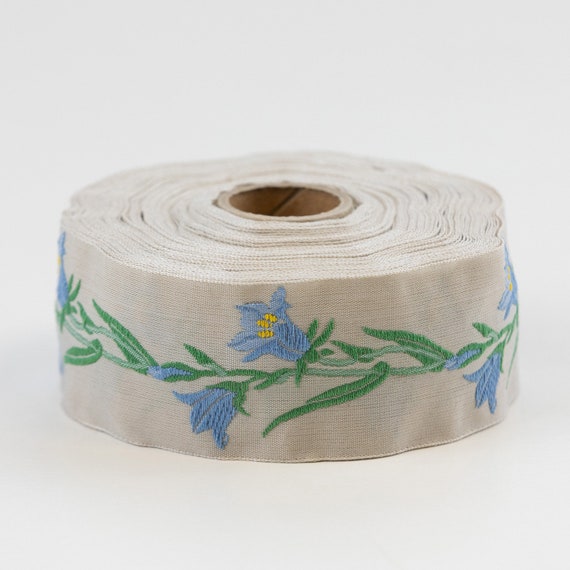 KAFKA G-02/04 Jacquard Ribbon Woven Organic Cotton Trim 1-1/4" wide (32mm) Beige Background w/Blue & Yellow Bellflowers, Green Stems/Leaves