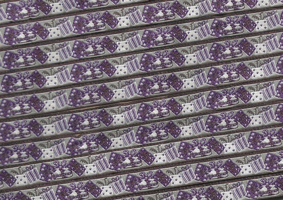 HOLIDAY A-23-A Jacquard Ribbon Poly Trim 1/2" wide (12mm) From Germany, Gray w/Wrapped Gifts in Purple & White