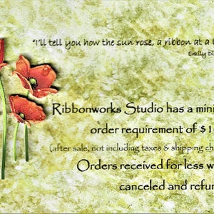May include: A green and brown textured background with red poppy flowers. The text reads "Ribbonworks Studio has a minimum order requirement of &pound;10.00 (after sale, not including taxes & shipping charges) Orders received for less will be cancelled and refunded."
