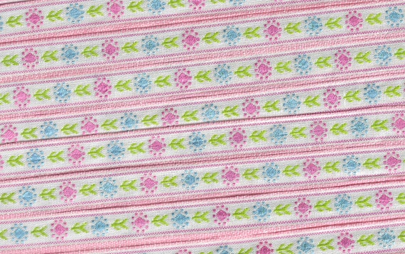 FLORAL A-15-K Jacquard Ribbon Poly Blend Trim 1/2" wide (13mm) White w/Pink Border, Pink & Sky Blue Flowers, Lime Green Leaves